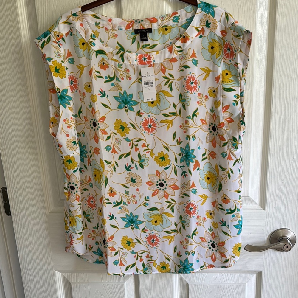 Ann Taylor Factory White and Yellow Cap Sleeve Boxy Blouse
